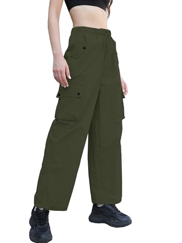 Image of Betusline Girls & Women's High Waist Wide Leg Cargo Pants Y2K Parachute Pants with Pockets and Drawstring 6 Years-Women 2XL