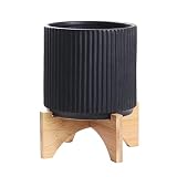 Olly & Rose Ibiza Vertical Line 8" Plant Pot with Wood Stand - Large Indoor Planter with Stand - Mat
