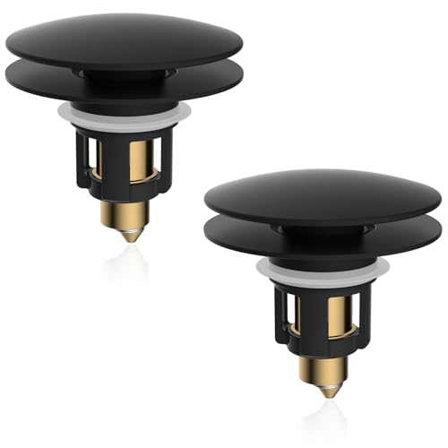 iFealClear 2 Pack Universal Bathroom Sink Stopper, Pop Up Sink Drain Strainer with Hair Catcher Basket, Fit 1.1\"-2.36\" US Basin, Wash Basin Drain Plug, Big Cover Cap, Brass Bounce Core, Matte Black
