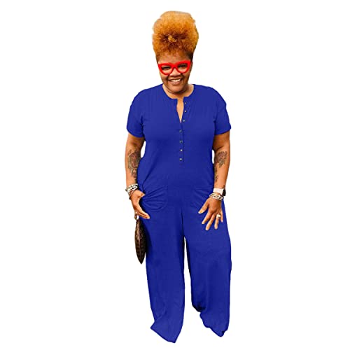 Bffbaby Plus Size Jumpsuits For Women Casual Short Sleeve Button-Down Loose Solid Stretchy Wide Leg Long Romper Loungewear #TOP1