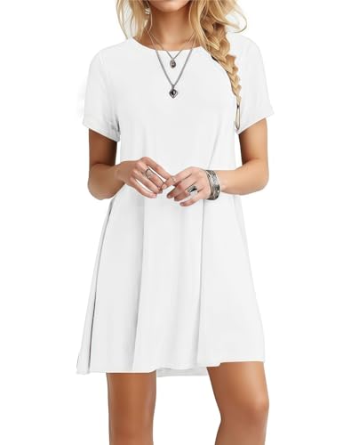 Zeagoo Señoras Vestido Verano Blanco Cuello Redondo Manga Corta T Shirt-Vestido Suelto Vestido Playa con Bolsillos Casual Básico S