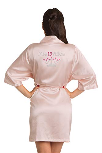 Zynotti Girl's Custom Rhinestone Mis 15 Anos - Quinceanera Getting Ready Kimono Blush Pink Satin Robe, Bata de Diamantes de imitacion Mis 15 Anos - L/XL (Adult Size 14-20)