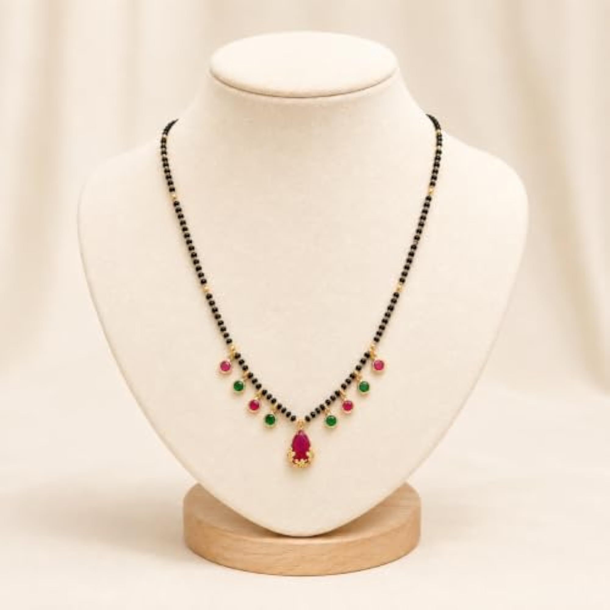 Women's Black Beads Mangalsutra with Multicolor Stone Drops & Pendant