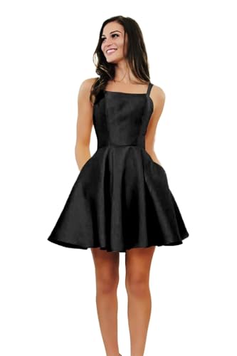 Short Satin Homecoming Dresses for Teens 2025 Square Neck A Line Prom Cocktail Gown for Women with Pockets