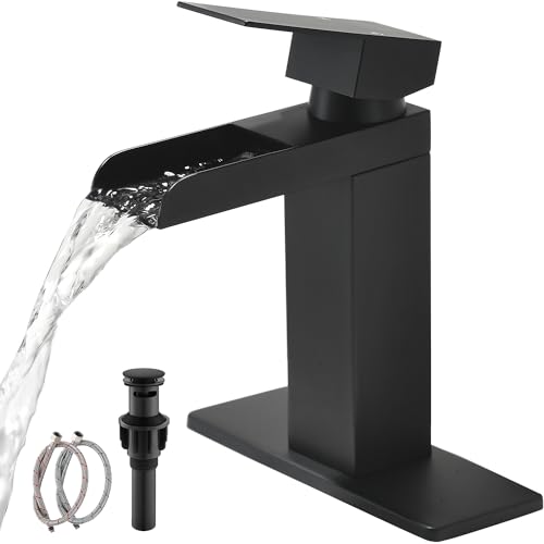 Black Waterfall Spout Bathroom Faucet, Single Handle Bathroom Sink Faucet,Rv Lavatory Vanity Vessel Faucet Suitable for 1 or 3 Hole with Pop-up Drain and Hose KMBF014B