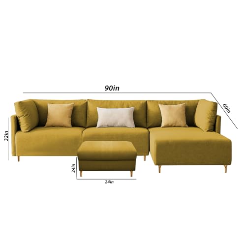 Image of Carina RHS 4 Seater L Shape Sofa Set with Center Table for Living Room (Yellow Fabric) Premium Fabric Sofa