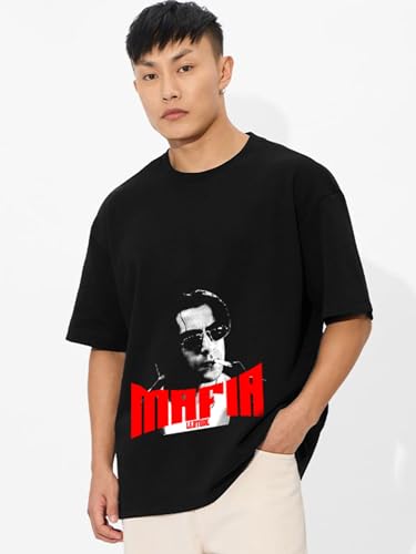 Image of LEOTUDE Oversized Half Sleeve Cottonblend Graphic Print Round Neck Drop Shoulder Baggie Tshirt for Man (Color Black)