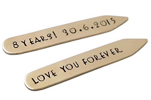 Custom Bronze Collar Stays For Men, Personalized 8th Anniversary Dress Shirt Stiffeners Father s Day Gift for Husband - Engraved Metal 2.25 Inches