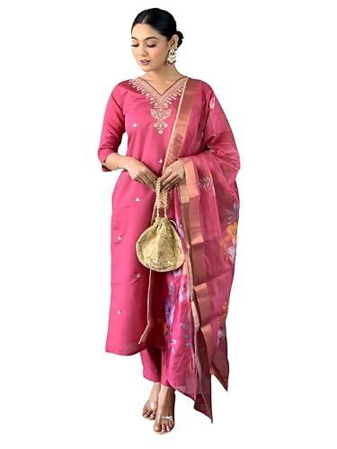Image of Naixa Women's Viscose Silk Embroidered Straight Kurta with Pant and Dupatta Sets (S-Payal)