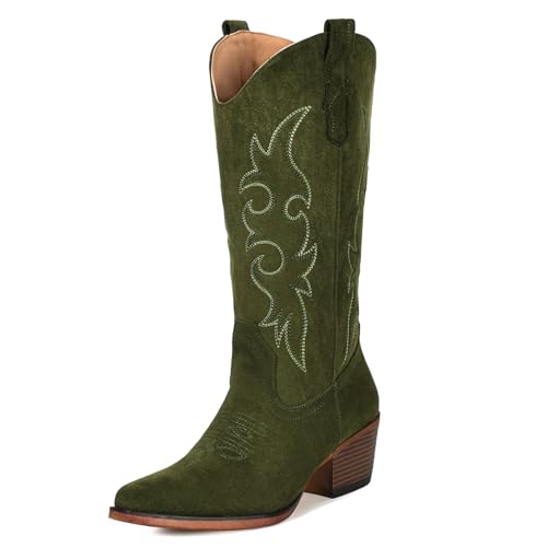 Image of IUV Cowboy Boots For Women Western Cowgirl Boots Mid Calf Snip Toe Boot With Chunky Heel