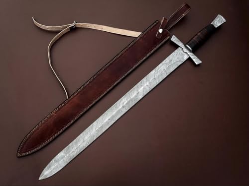 30 Inch Double Edge Medieval Sword, Handmade Damascus Steel Fixed Blade, Leather Handle, Hunting Sword with Leather Sheath for Combat, Hiking, Camping by Empire Industry