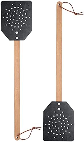 Heavy Duty Leather Fly Swatter Fly Swat Rustic Manual Insect Mosquito Wasp Pest Control Rustic Design, 19 Inch Long Wooden Handle(Black, 1 Piece)