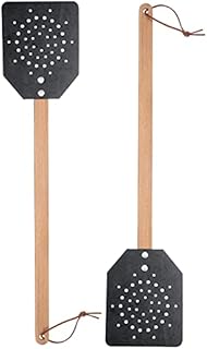 Heavy Duty Leather Fly Swatter Fly Swat Rustic Manual Insect Mosquito Wasp Pest Control Rustic Design, 19 Inch Long Wooden Handle(Black, 1 Piece)