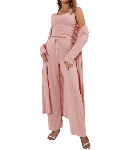Image of 3 Piece Lounge Sets for Women Airport Travel Outfit | Long Cardigan,Tank Top ,Wide Leg Pants with Pockets,Comfy Loungewear,Casual Chic, Airplane Clothing,Vacation Matching Set