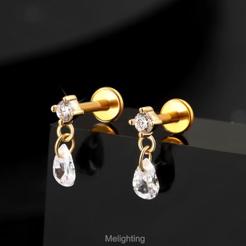 Melighting 14K Solid Gold Dangle Helix Earring Titanium Threadless Push In Earring 16G Gold Flat Back Earring 6/8 mm Cartilage Earring Conch Piercing Jewelry3