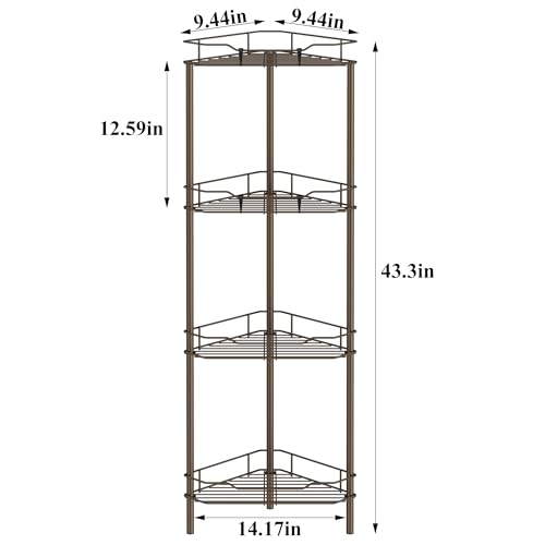 Image of HuggieGems 4 Tier Floor Standing Corner Shower Caddy Organizer Shelf with Hooks, Bathroom Shelves Stand Rack, Bronze