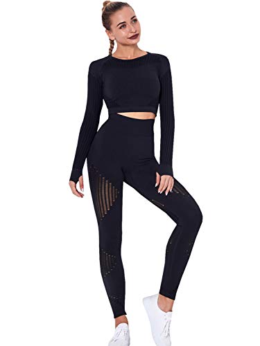 Glamaker Women's Seamless Yoga 2 Piece Outfits Long Sleeve Crop Top Compression Athletic Hollow Leggings Sexy Bodycon Set Tracksuits Black Small
