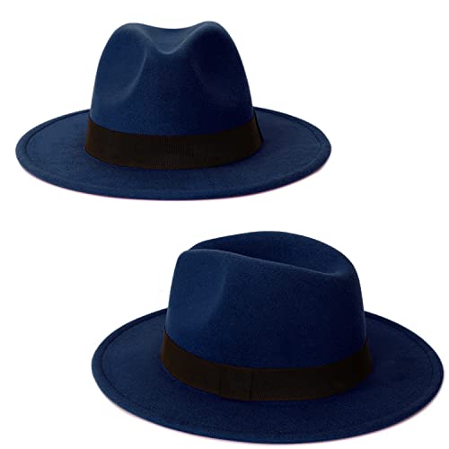 FADACHY Classic Fedora Hat for Men & Women Wide Brim Felt Hat Panama Dress Hat Navy Blue Fedora - Thumbnail 3