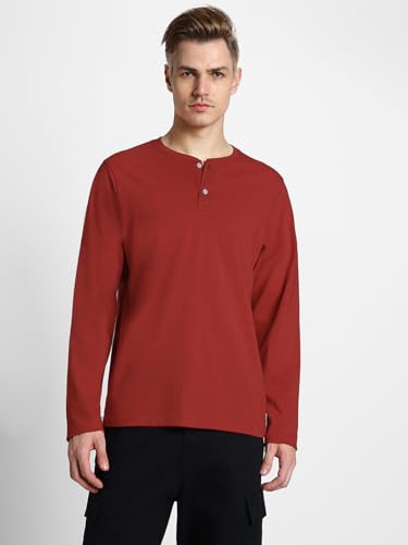 Image of Veirdo Pure Cotton Regular Fit Henley Neck Plain Solid Full Sleeve T-Shirt for Men & Boys (Color Options: Black, Red, Swanwhite, Navy Blue, White, Cork, Green, Maroon, Mustard, Royal Blue)