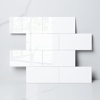 Colamo Luxury 10 Sheet Peel and Stick Backsplash,12”x12”Pure White Subway Tile for Kitchen Wall,Self Adhesive Glossy Faux Marble Tile,Stick on Accent Wall Backsplash Tile for Living Room, Bedroom,RV