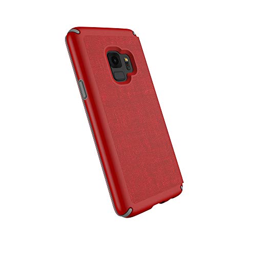 Speck Presidio Folio Case with Privacy Screen Protector and Secure Card Slot for Samsung Galaxy S9, Heart Rate Red/Graphite Grey