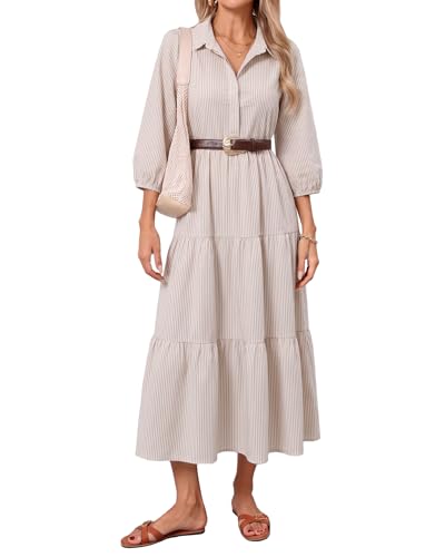 Image of Women Button Down Maxi Shirt Dress Long Sleeve Flowy Tiered Collared Dresses with Pockets