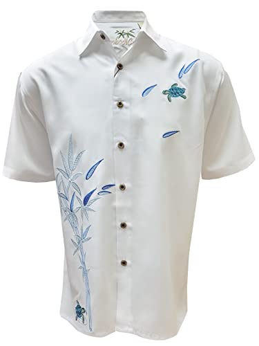 Bamboo Cay Men's Flying Turtles Embroidered Camp Shirt (Large, Off White)