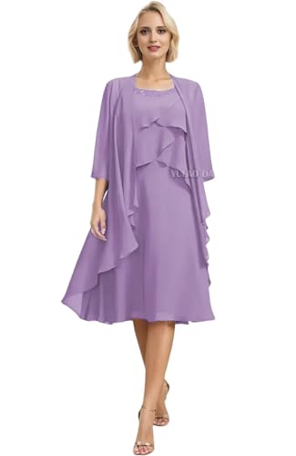 2 Pieces Mother of The Bride Dresses for Women Tiered Chiffon Knee Length Formal Wedding Guest Gowns with Jacket