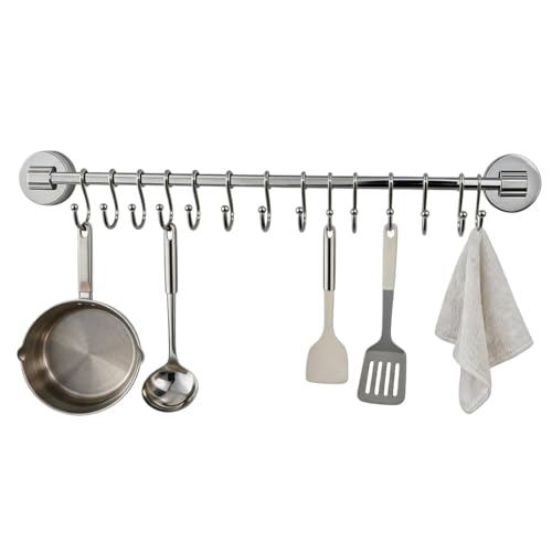 Barre à crochets pour cuisine avec 12 crochets en S, montage sur ventouse, organisateur mural sans perçage, capacité de charge de 10 kg, pour pots et...