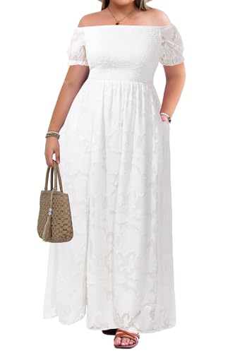 Image of Holipick Women's Off The Shoulder Boho Dress Plus Size Floral Smocked Waist Split Summer Maxi Sundress with Pockets