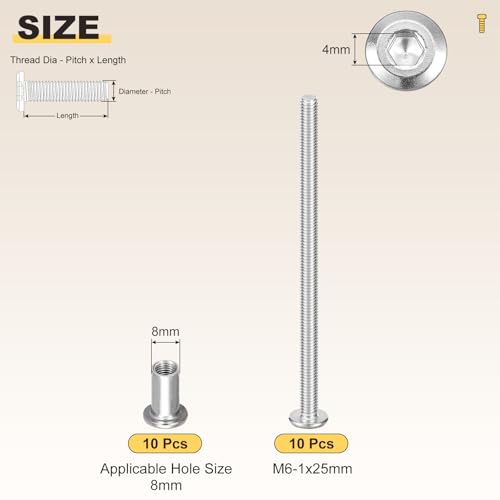 Image of METALLIXITY Crib Screws Replacement Set(M6-1x110mm) 20Pcs, Stainless Steel Connector Bolts M6 Screw Barrel Nuts Binding Screws, for Chair Cabinet Bed, Silver