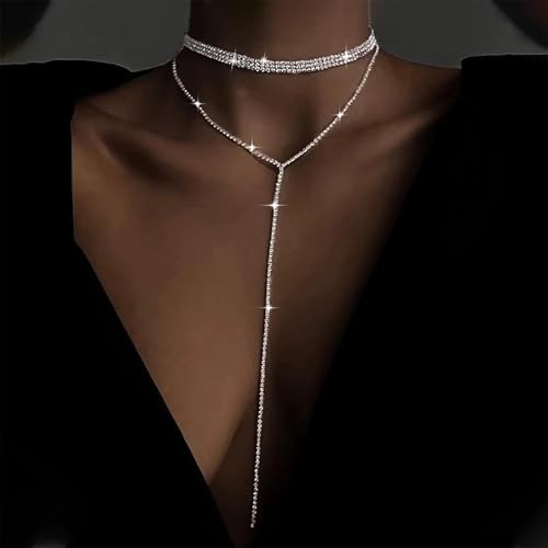 Inateannal Breite Strass Choker Halskette Funkelnde Kristall Tennis Kette Halskette Lange Strass Y Tropfen Halsketten Silber Tennis Y Lariat Kette Hochzeit Schmuck Für Frauen
