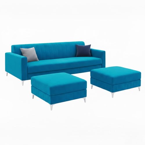 Image of Amelia 5 Seater L Shape Sofa Set with 2 Movable Ottomans | Flexible Layout | Rich Velvet Suede Fabric | Silver Legs | Spacious Soft Touch Seating | Modern Sofa for Living Room (Aqua Blue)
