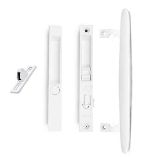 Flush Mount Non-Keyed Sliding Glass Patio Door Lock Handle Set Fits 1' to 1-1/8' Thick Doors 6-5/8' H.C. Night Lock, Hook Latch, Non-Handed (White)