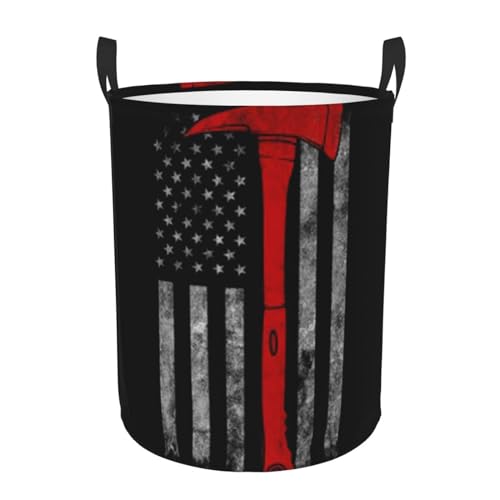 Firefighter Axe Red Line Flag Print Round Single-Layer Dirty Laundry Basket â€“ Full-Width Printed Design, Waterproof Oxford Cloth Material, Suitable For Various Rooms