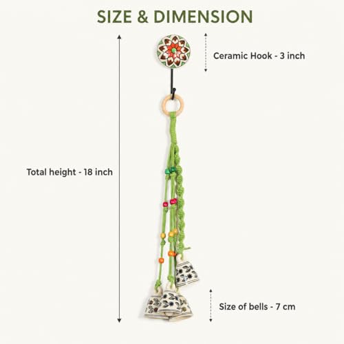Image of KAAMERI BAZAAR Macrame Wind Chimes Enhance Living Space for Diwali (4 Bells, 1 Ring Tied with Green Macrame Thread)
