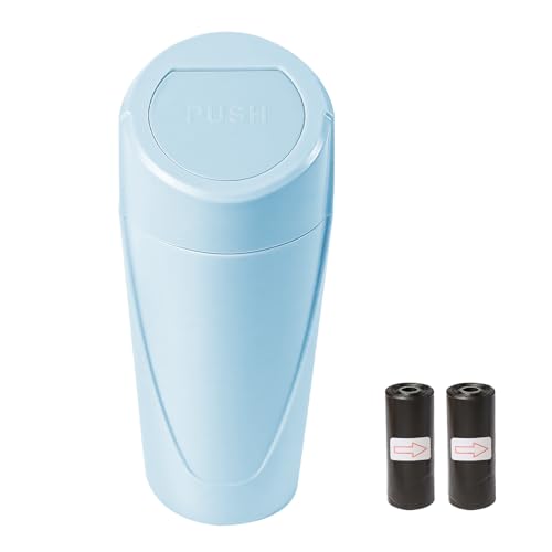 Image of Hovom Mini Car Trash Can with Lid, Portable Garbage Can for Car, Leakproof Cup Holder Automotive Garbage Bin with 2 Rolls of Trash Bags, Small Trash Storage Can for Car Home Office(Light Blue)