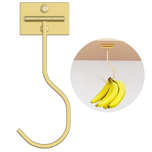 Under Cabinet Banana Hook Adhesive: Foldable Banana Hanger, Gold Metal Banana Holder for Kitchen & RV, Space-Saving Design, Folding with Magnets When Not in Use, Keep Bananas Fresh