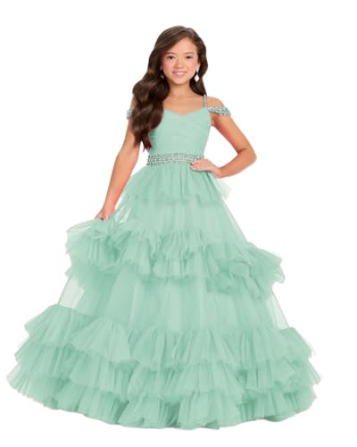 ZHengquan Girls' Off Shoulder Pageant Party Ball Gowns A Line Ruffles Princess Prom Dress Beaded Tulle Flower Girl Dresses