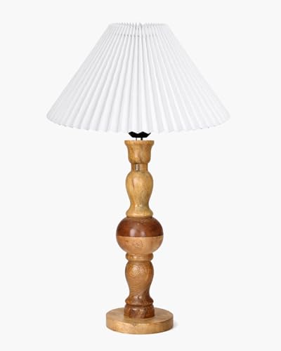 Image of Homesake Wooden Bubble Design Table Lamp for Bedroom & Living Room | Home Decor Lighting | Nightstand Lamp | Reading Lamp | Vintage | Minimalist | Modern Bedside Lamps, (Pleated White Shade)