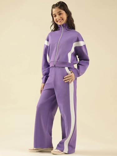 Image of Li'l Tomatoes Girls Solid Fleece Winter Track Suit | Zip-Up High Neck Jacket & Wide-Leg Track Pants | Casual Co-Ord Set | 9-16 Years