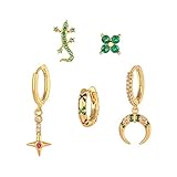 Yomlry 18k Gold Plated Dainty Earring Sets for Multiple Piercing Mini Huggie Dangle Hoop with CZ Green Lizard Asymmetrical Cartilage Studs for Women Girls lizard
