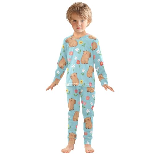 Pajama Sets Long Sleeve Capybara with Flowers Cute Soft Comfy Sleepwear 2 Piece PJS 3-8T2