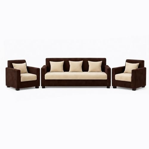 Image of FURNY Lexon 3 Seater + 1 Seater + 1 Seater Fabric Sofa Set (Dark Brown-Cream) with Velvet Finish | Durable Comfort | Ideal for Living Room