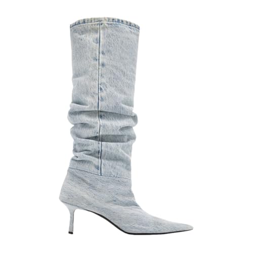 Image of Saint Leia Women's Knee High Boots Pointed Toe Denim 2.76Inch Stiletto Heel Boots