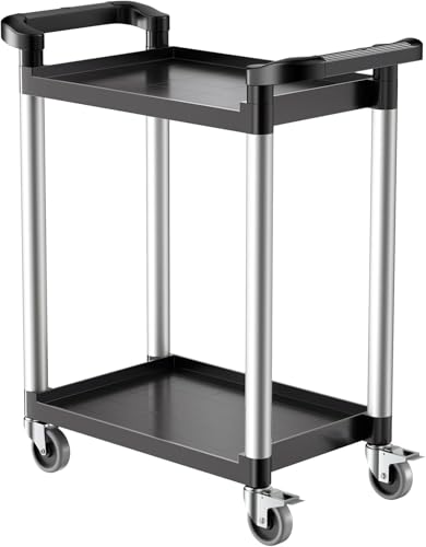 VEVOR Chariot de Service, 800x410x945 mm, Desserte à roulettes Utilitaire en Plastique à 2 Niveaux, avec Roues Pivotantes 360° (2 avec Freins), pour...