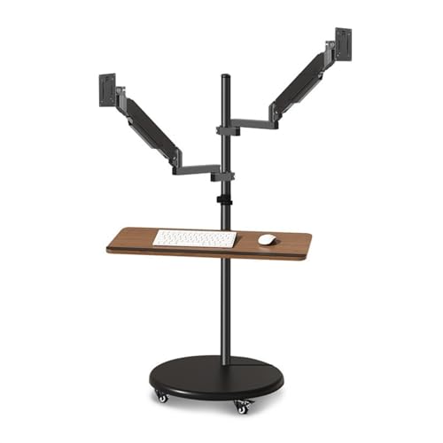 Brazo Monitor Soporte de montaje for monitor doble con bandeja for teclado, estación de trabajo móvil con soporte de suelo for monitor rodante multifunción de 14 a 43 pulgadas, soporte for monitor con