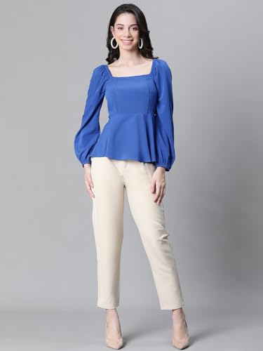 Image of Women Solid Round Neck Elasticated Polka Print Long Sleeve Top