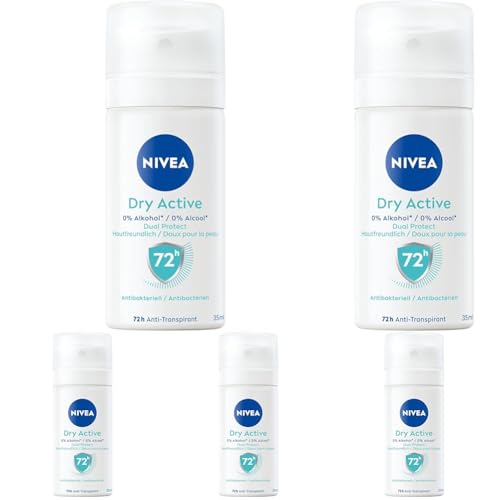 NIVEA Dry Active Deospray Reisegröße, Deo ohne Ethylalkohol für 72h Anti-Transpirant-Schutz, antibakterielles Deodorant mit Dual-Active-Formel und frischem Duft (35 ml) (Packung mit 5)