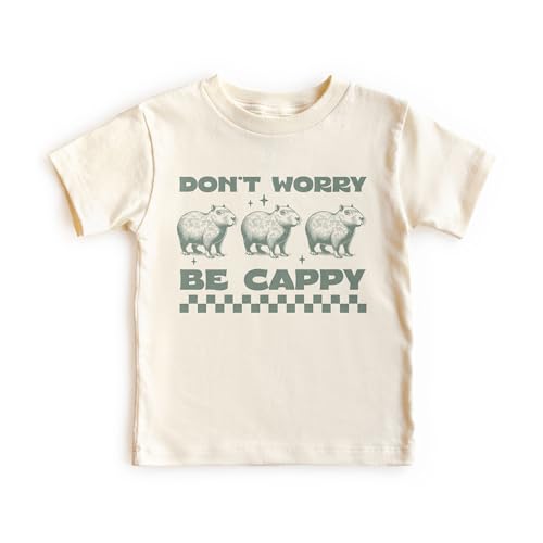 Kids Funny Capybara Shirt - Vintage Don't Worry Be Cappy Capybara Pun Toddler & Youth Gift - Natural Boys & Girls Graphic Tee